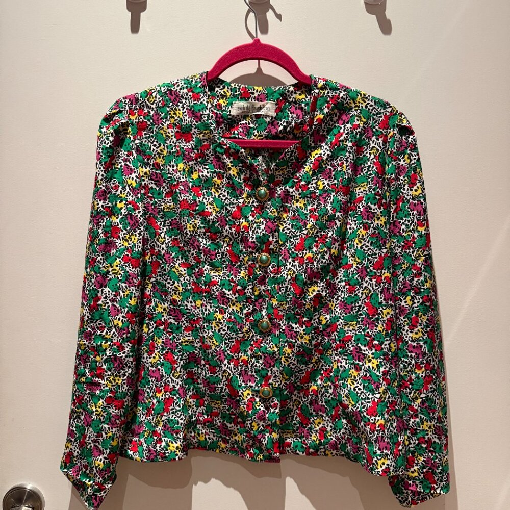 Vintage Floral Patterned Long-sleeve Blouse/Jacket with Buttons, Size M/L